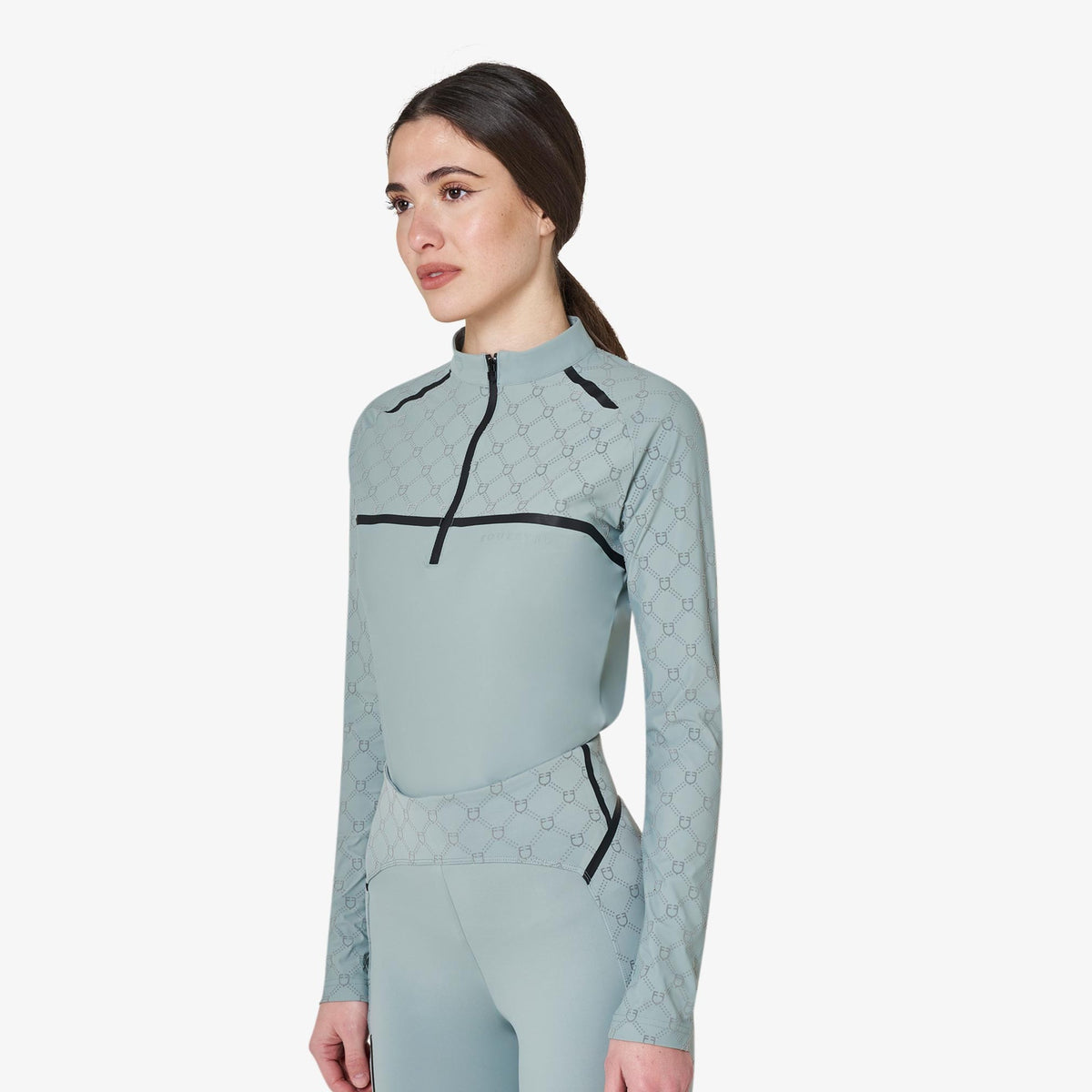 Equestro Women's Monogram Long Sleeve Training Polo in Slate Grey side view