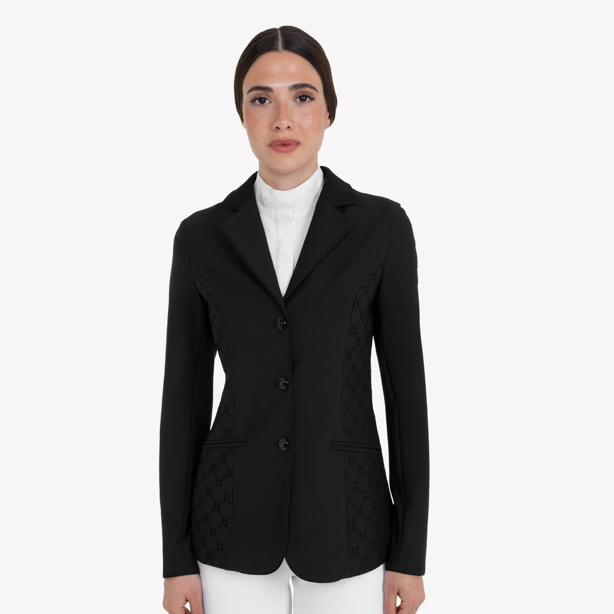 Equestro Women's Monogram Velvet Competition Jacket in Black front view