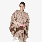 Equestro Women's Monogram Wool Cape in Beige/Brown front view