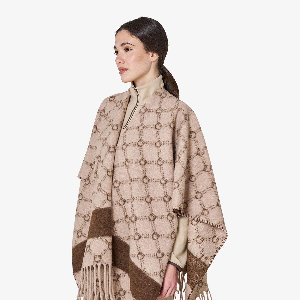 Equestro Women's Monogram Wool Cape in Beige/Brown side view