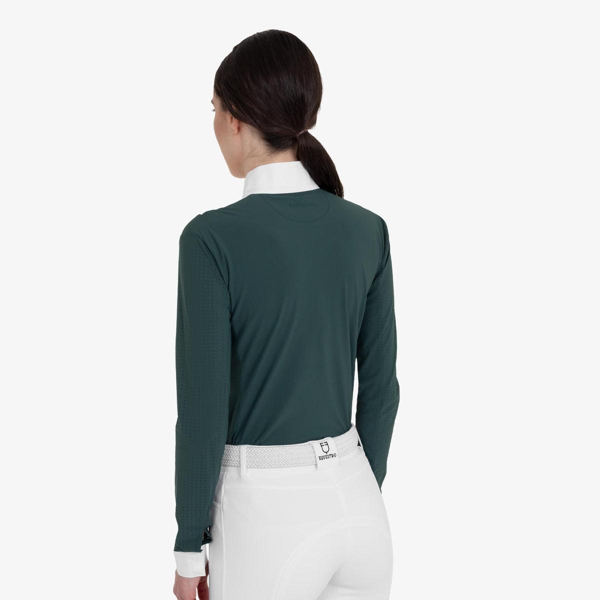 Equestro Women's Perforated Long Sleeve Competition Polo in Pine Grove back view