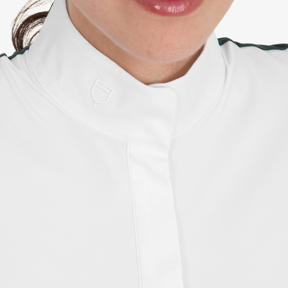 Equestro Women's Perforated Long Sleeve Competition Polo in Pine Grove collar close up