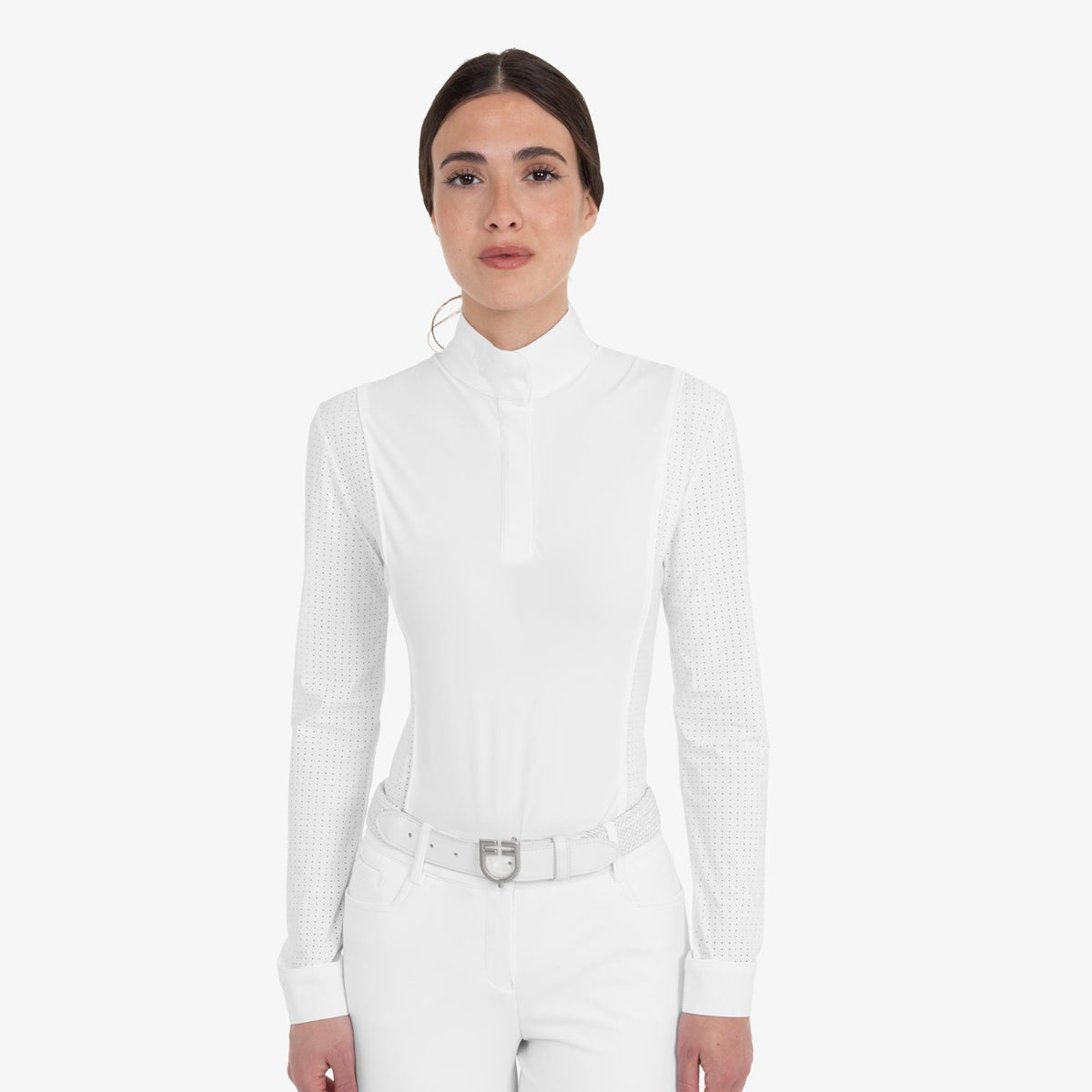 Equestro Women's Perforated Long Sleeve Competition Polo in White front view