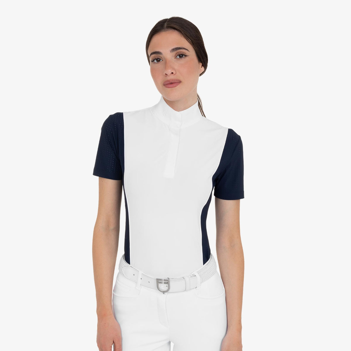 Equestro Women's Perforated Short Sleeve Competition Polo in Navy Blazer front view