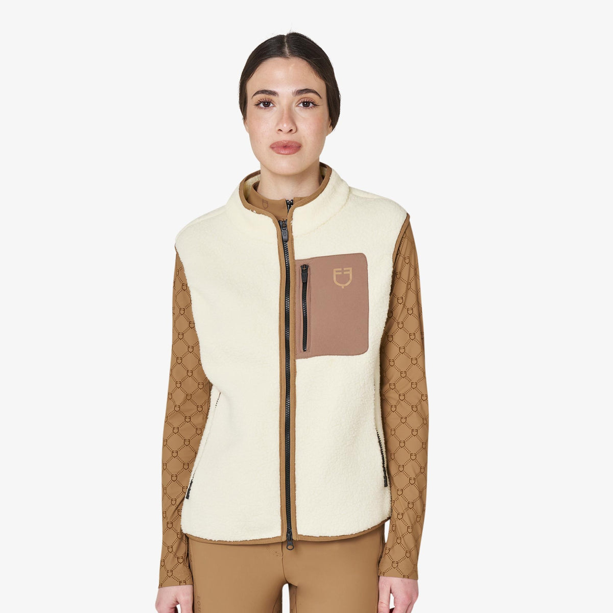 Equestro Women's Teddy Fleece Vest in Antique White front view