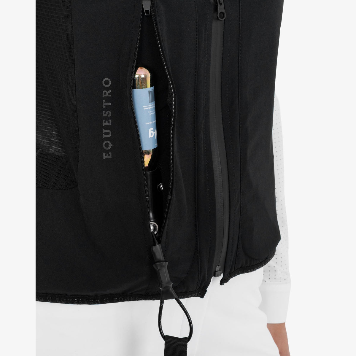 Equestro Women's Airbag Vest with Level 2 Back Protector - Black, cartridge pocket close-up | Malvern Saddlery