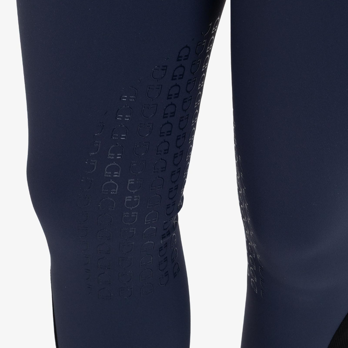 Equestro Women's Hunter Knee Grip Breeches - Navy, silicone knee grip close-up | Malvern Saddlery