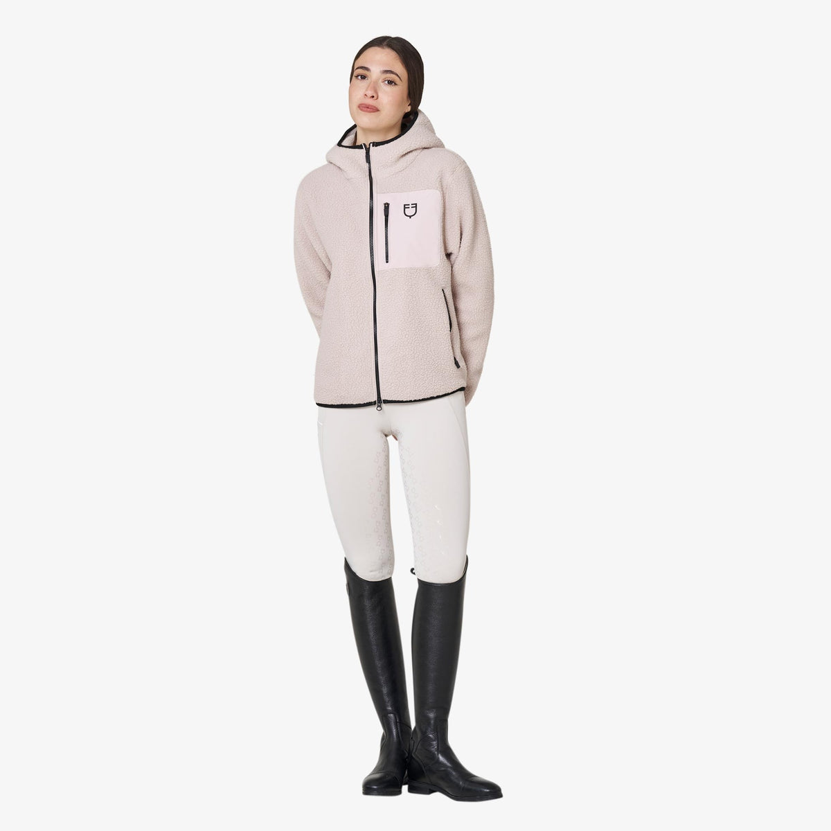 Equestro Women's Teddy Fleece Zip Hoodie - Hushed Violet, full length with breeches and boots | Malvern Saddlery