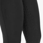 Equestro Women's Fleece-Lined Full Grip Breeches - Black, silicone logo grip close-up | Malvern Saddlery