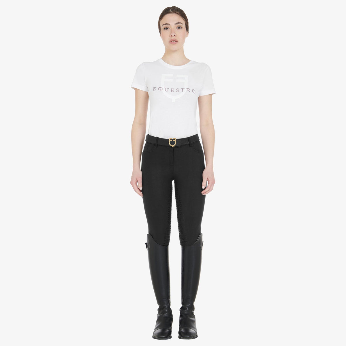 Equestro Women's Fleece-Lined Full Grip Breeches - Black, worn with tall boots | Malvern Saddlery