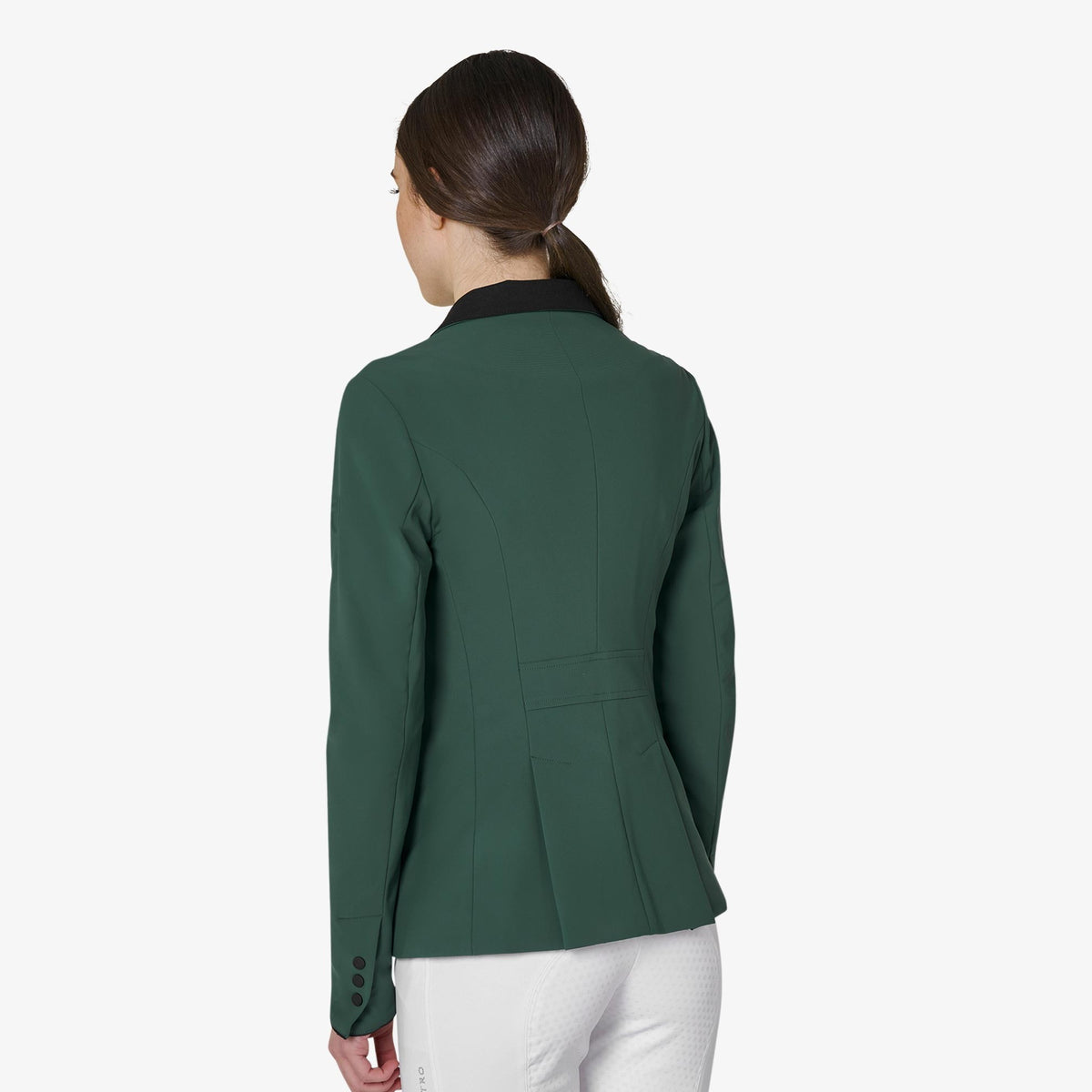 Equestro Women's Competition Jacket with Zip and Buttons in Pine Grove back view