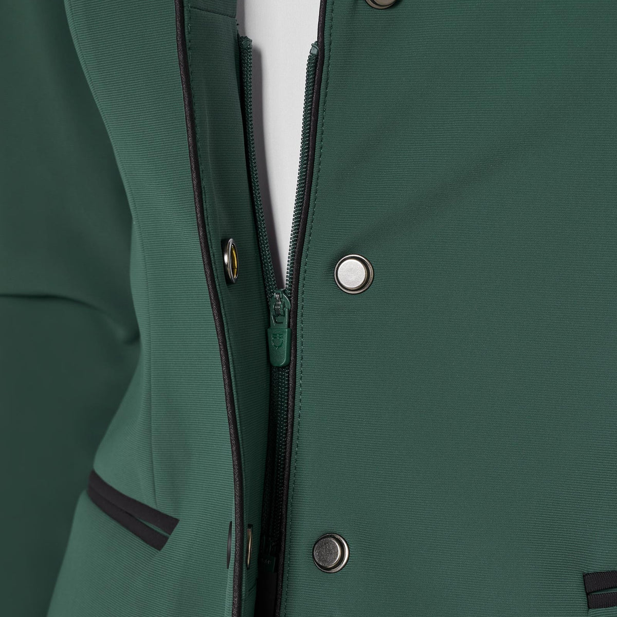 Equestro Women's Competition Jacket in Pine Grove hidden zip and snap closure close up