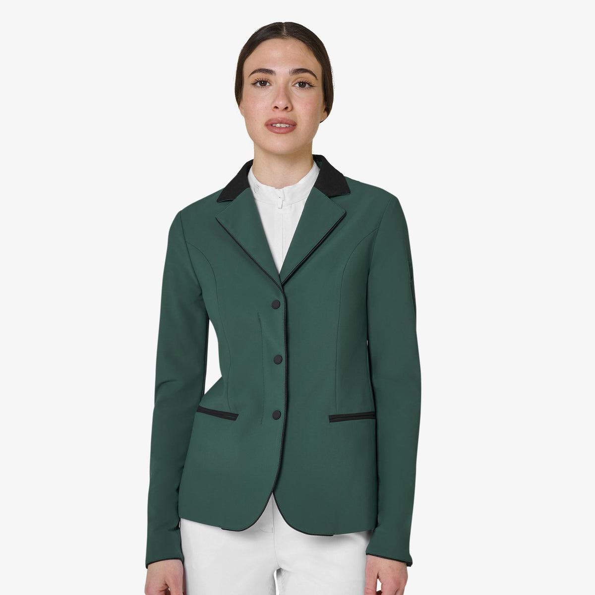 Equestro Women's Competition Jacket with Zip and Buttons in Pine Grove front view
