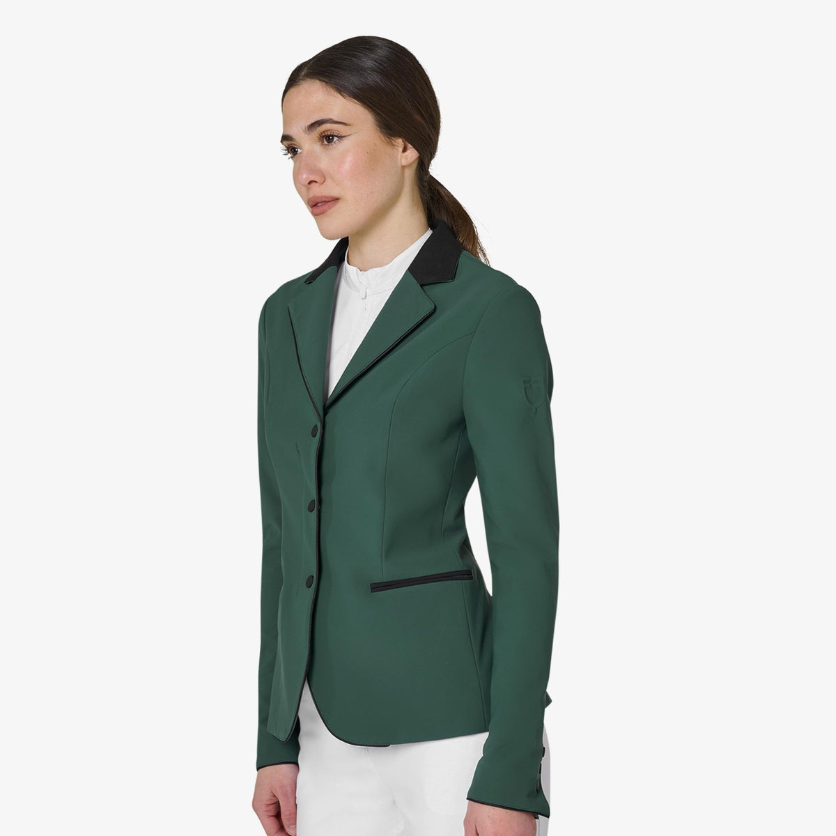 Equestro Women's Competition Jacket with Zip and Buttons in Pine Grove side view