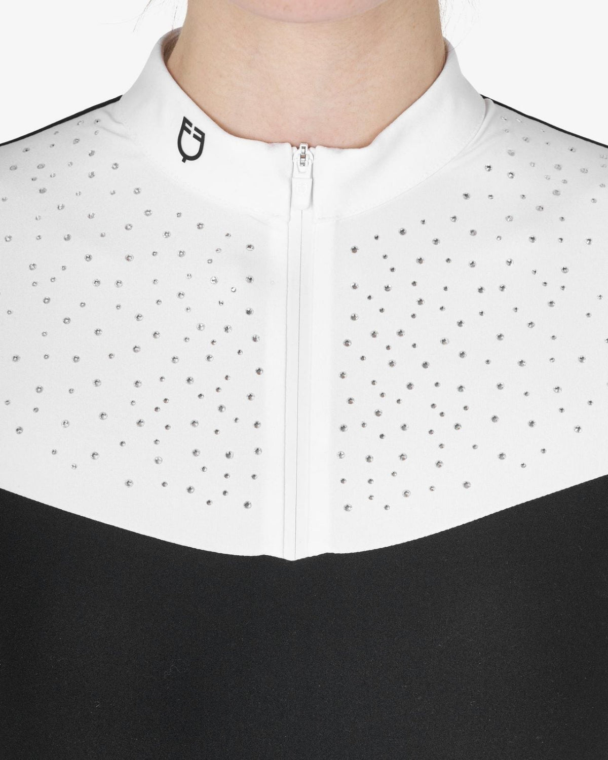 Equestro Women's Crystal Polo Show Shirt; rhinestones on chest detail | Short Sleeved Competition Shirts | Malvern Saddlery