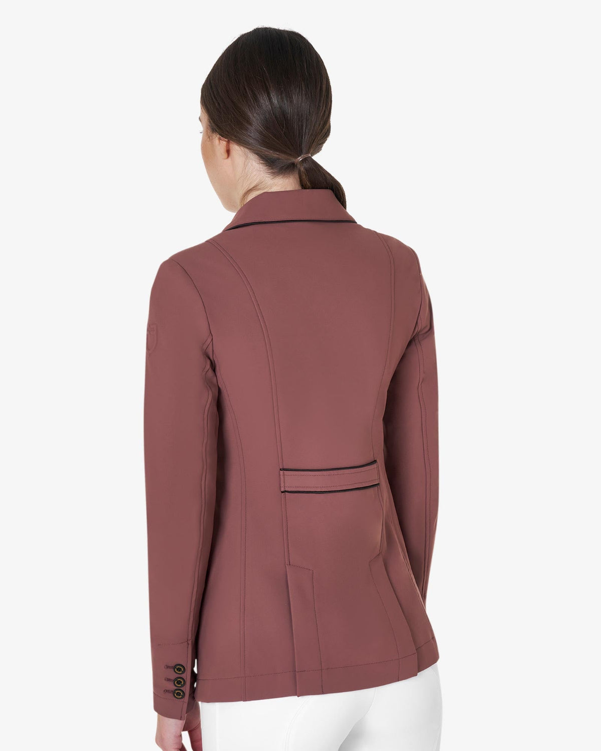 Equestro Women's Classic Show Coat - Maroon; back view shown on woman on white background | Equestrian Competition Apparel| Malvern Saddlery