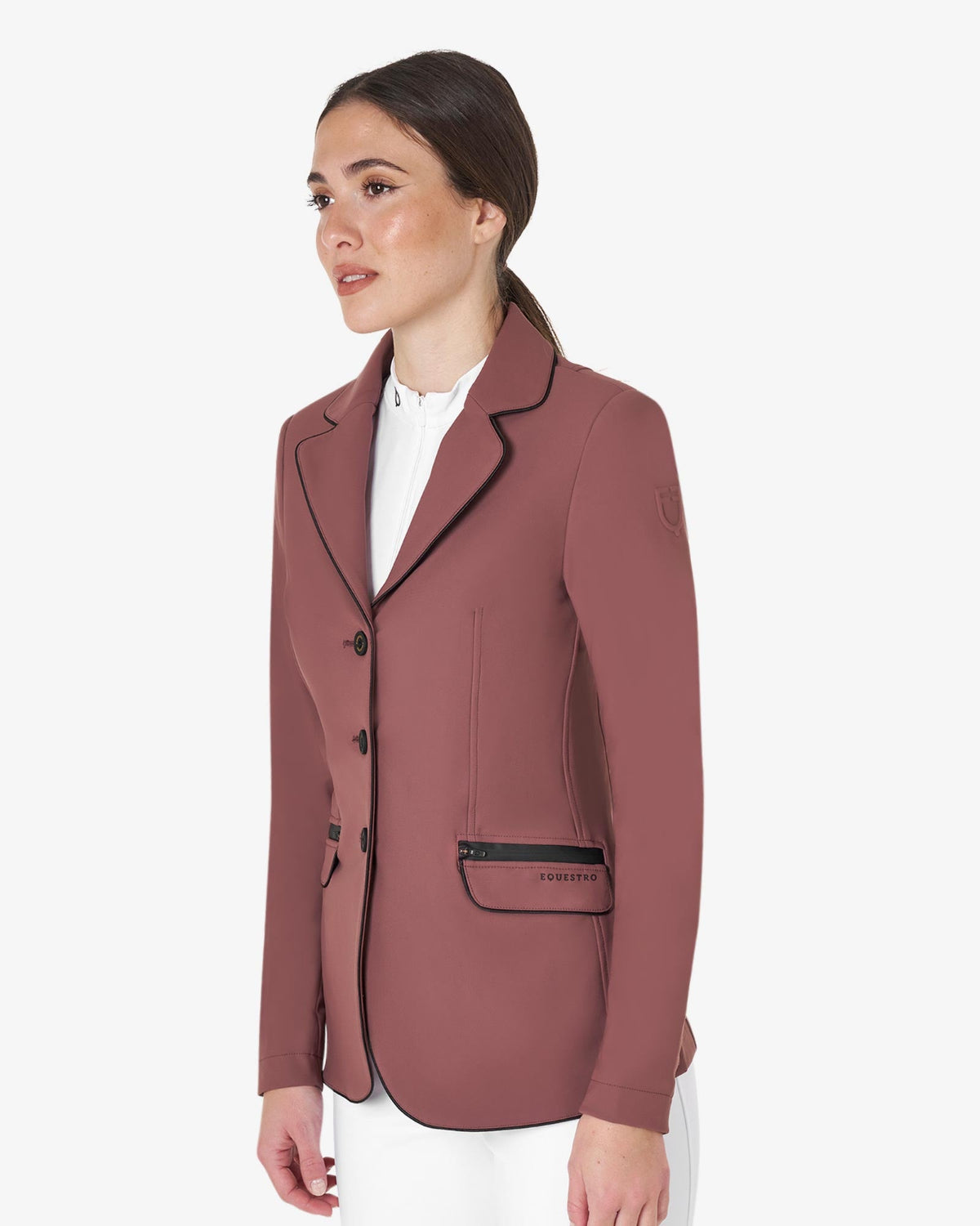 Equestro Women's Classic Show Coat - Maroon; shown on woman on white background | Equestrian Competition Apparel| Malvern Saddlery