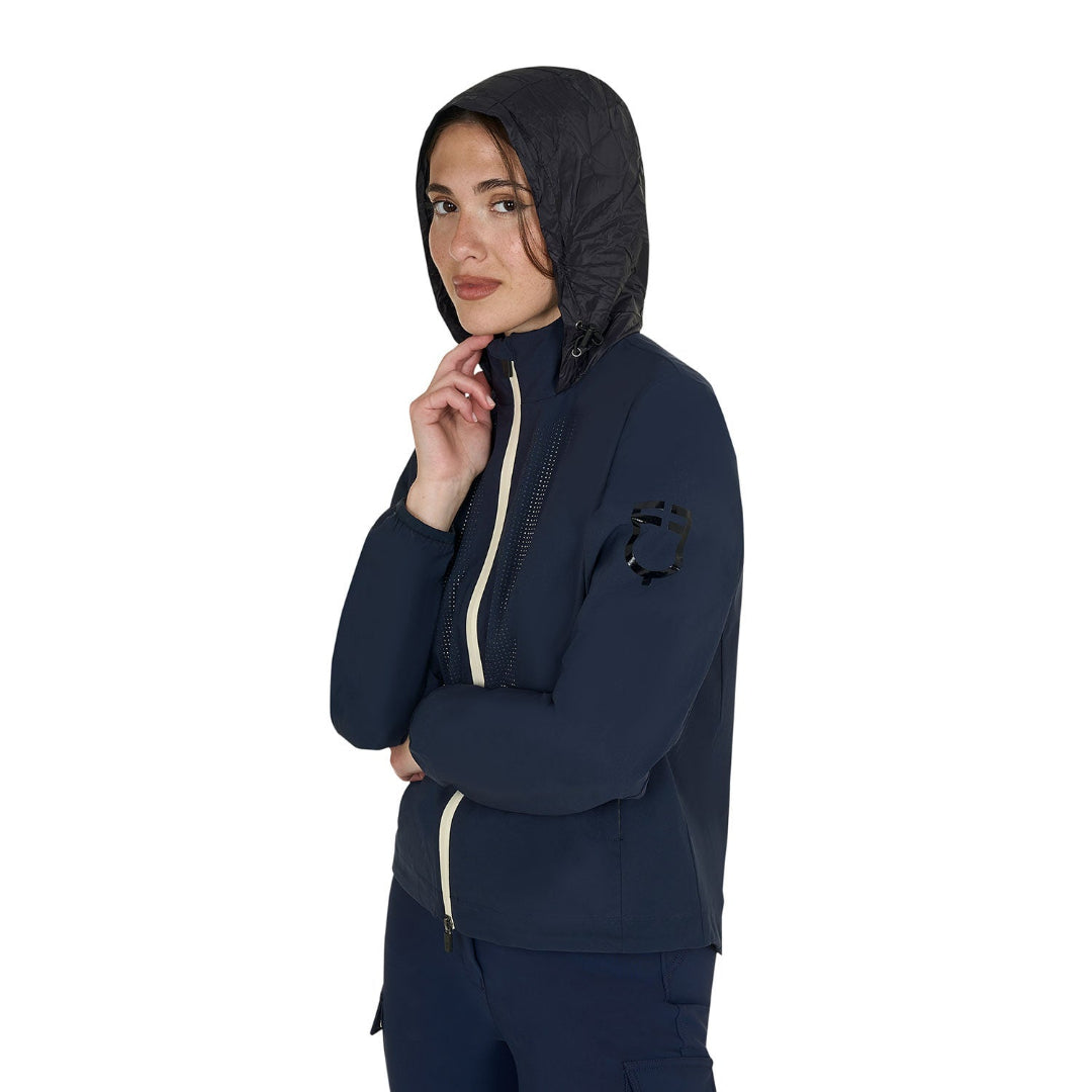 Equestro Women's Foldable Softshell Jacket - Navy Blazer; worn by model with hood up on white background | Malvern Saddlery