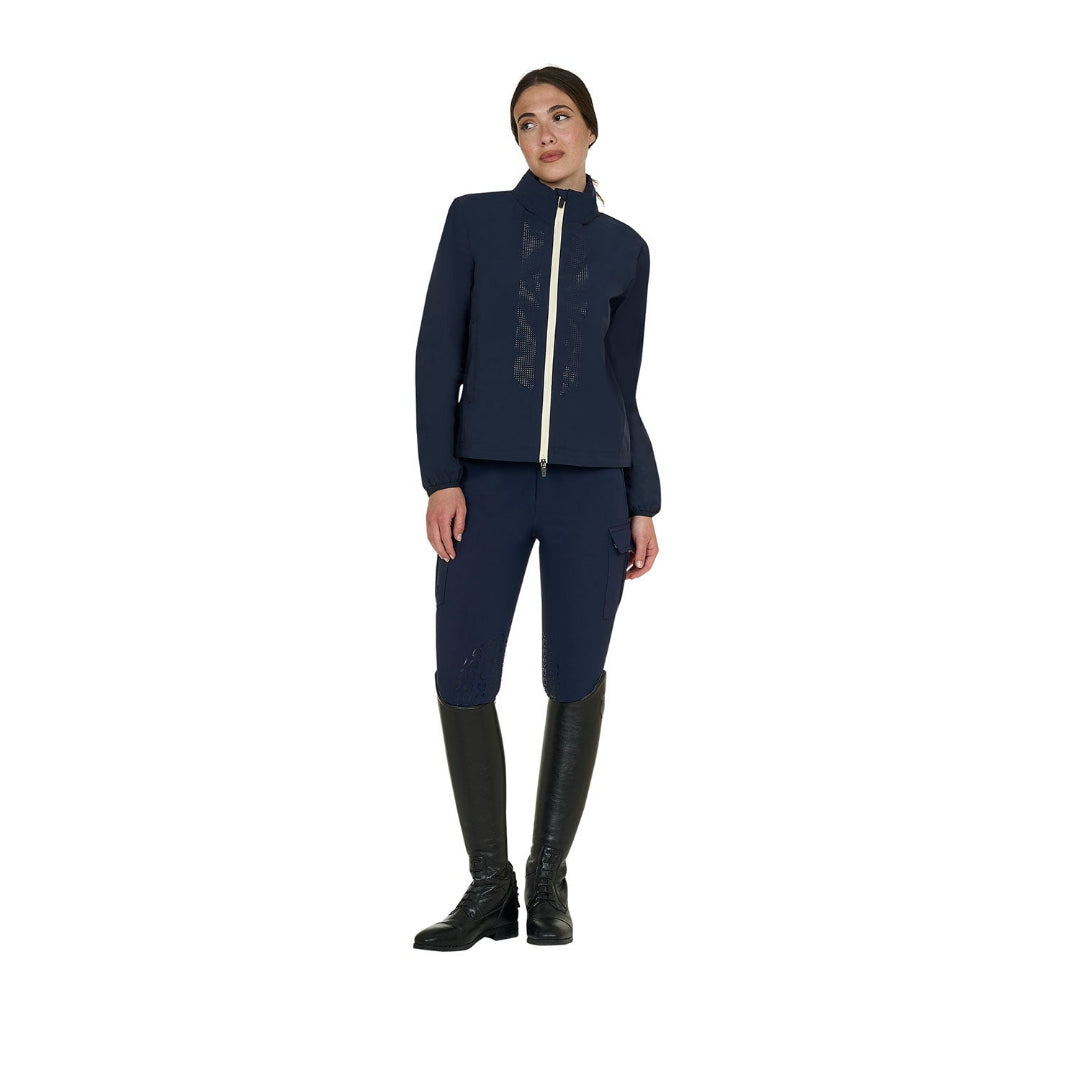 Equestro Women's Foldable Softshell Jacket - Navy Blazer; worn by model on white background | Malvern Saddlery
