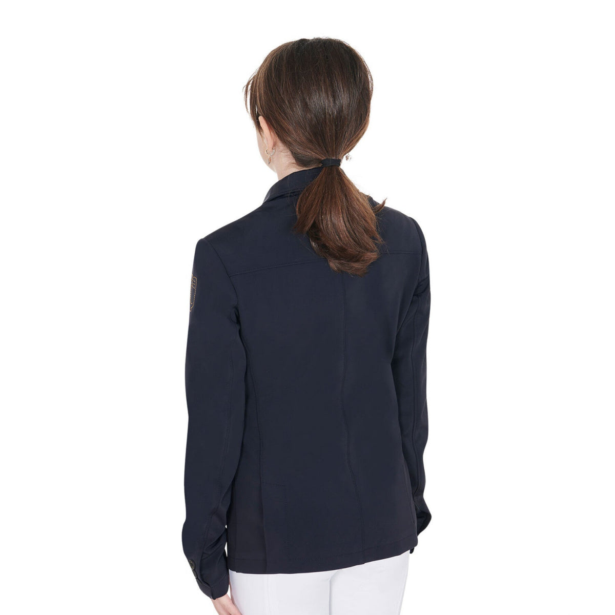 Equestro Girls 4-Button Competition Riding Jacket - Navy; back view shown on girl  | Children's Show Apparel | Malvern Saddlery