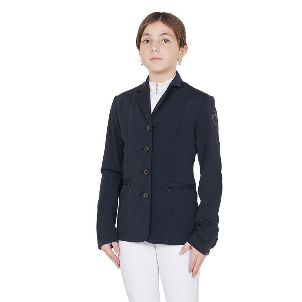 Equestro Girls 4-Button Competition Riding Jacket - Navy; shown on girl with fill show apparel | Children's Show Apparel | Malvern Saddlery