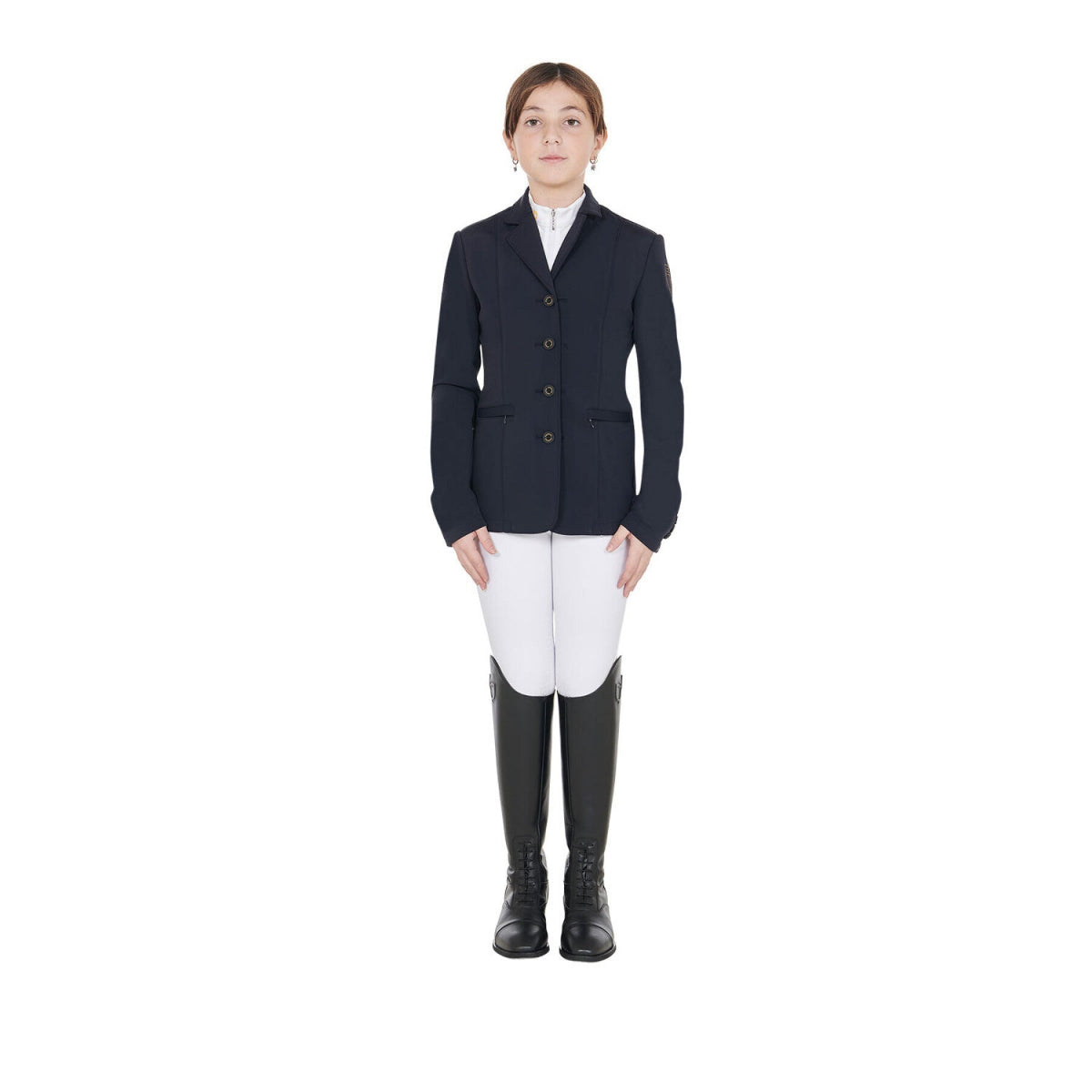Equestro Girls 4-Button Competition Riding Jacket - Navy; shown on girl with full show apparel | Children's Show Apparel | Malvern Saddlery