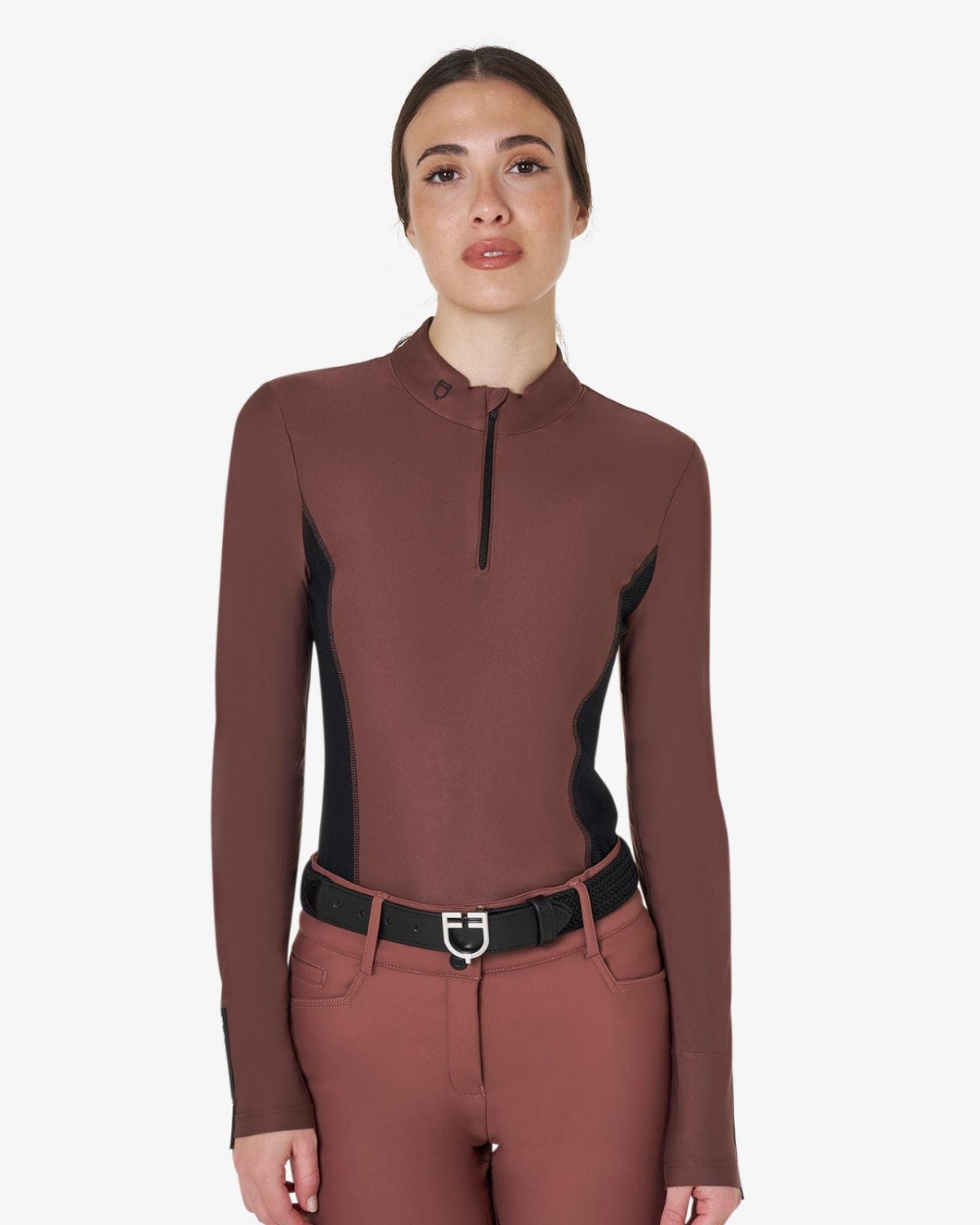 Equestro Women's Long-Sleeved Technical Polo Shirt - Maroon; on woman on white background | Equestrian Training Shirts | Malvern Saddlery