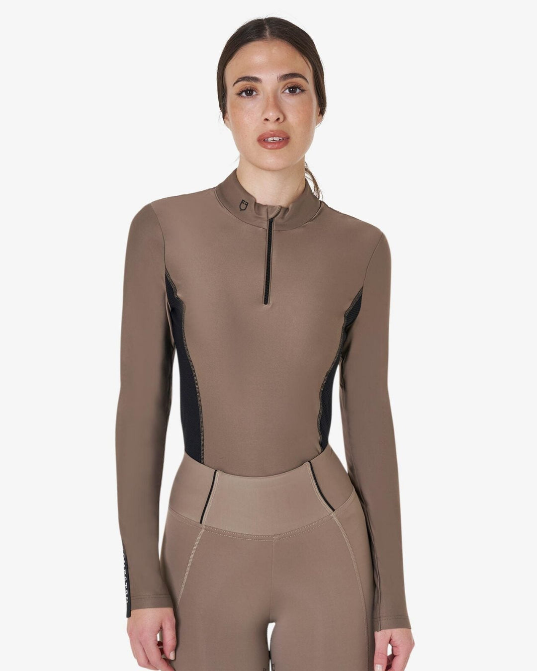 Equestro Women's Long-Sleeved Technical Polo Shirt - Walnut; on woman on white background | Equestrian Training Shirts | Malvern Saddlery