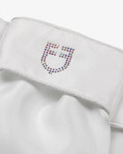 Equestro Lancelot Dressage Stock - White; close up of rhinestone logo | Dressage Accessories | Malvern Saddlery