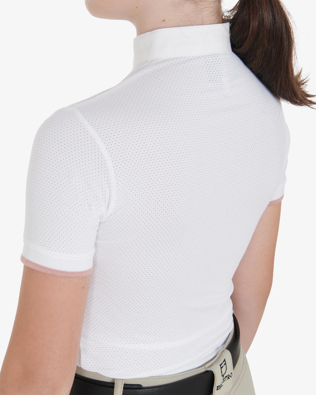 Equestro Girls Clara Slim Fit Competition Polo Shirt - White; back view | Malvern Saddlery