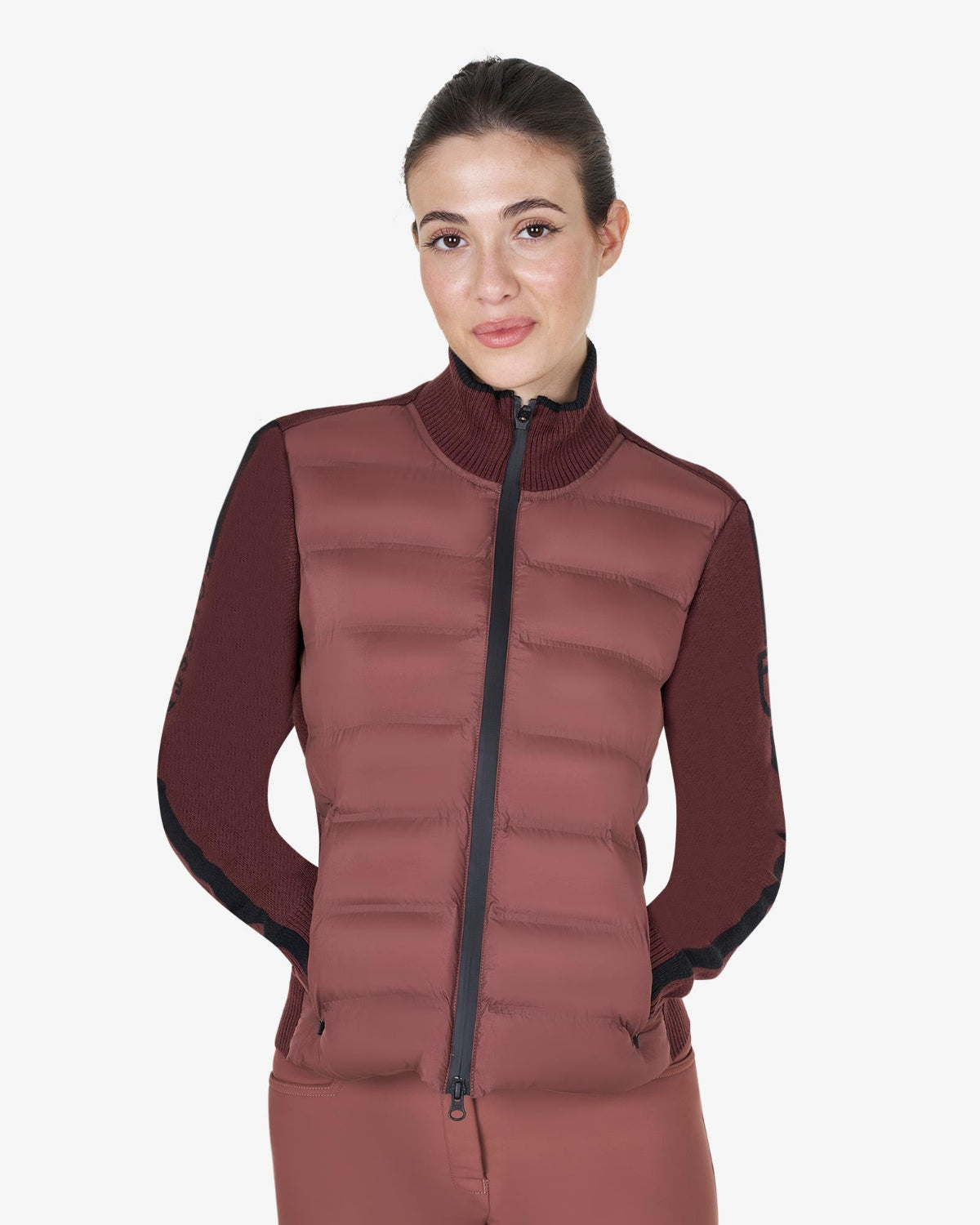 Equestro Hybrid Knit Jacket - Wine;  shown on women on white background | Women's Outerwear | Malvern Saddlery