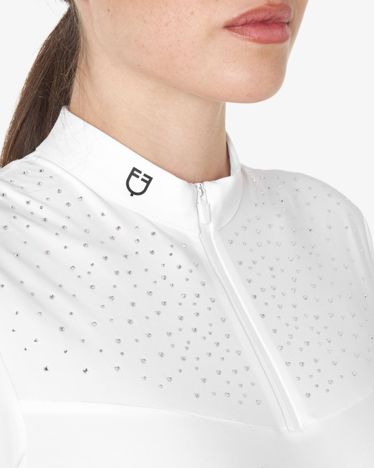 Equestro Women's Crystal Zip Show Shirt;  crystal yoke detail shown on woman against white background | Equestrian Competition Shirts | Malvern Saddlery