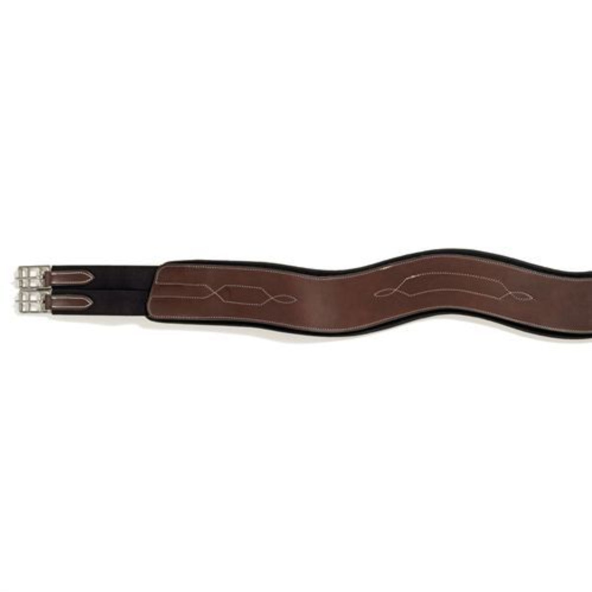 Brown and black leather EquiFit Anatomical Hunter Girth with T-Foam liner and stainless steel roller buckles, shown in a horizontal view against a white background.
