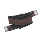 Brown and black leather EquiFit Anatomical Hunter Girth with T-Foam liner and stainless steel roller buckles, folded on a white background.