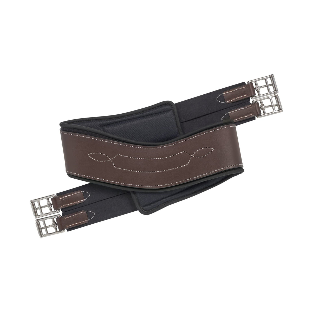 Brown and black leather EquiFit Anatomical Hunter Girth with T-Foam liner and stainless steel roller buckles, folded on a white background.