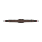 Brown EquiFit Essential Schooling Girth side view featuring contoured shape, double elastic ends, and roller buckles
