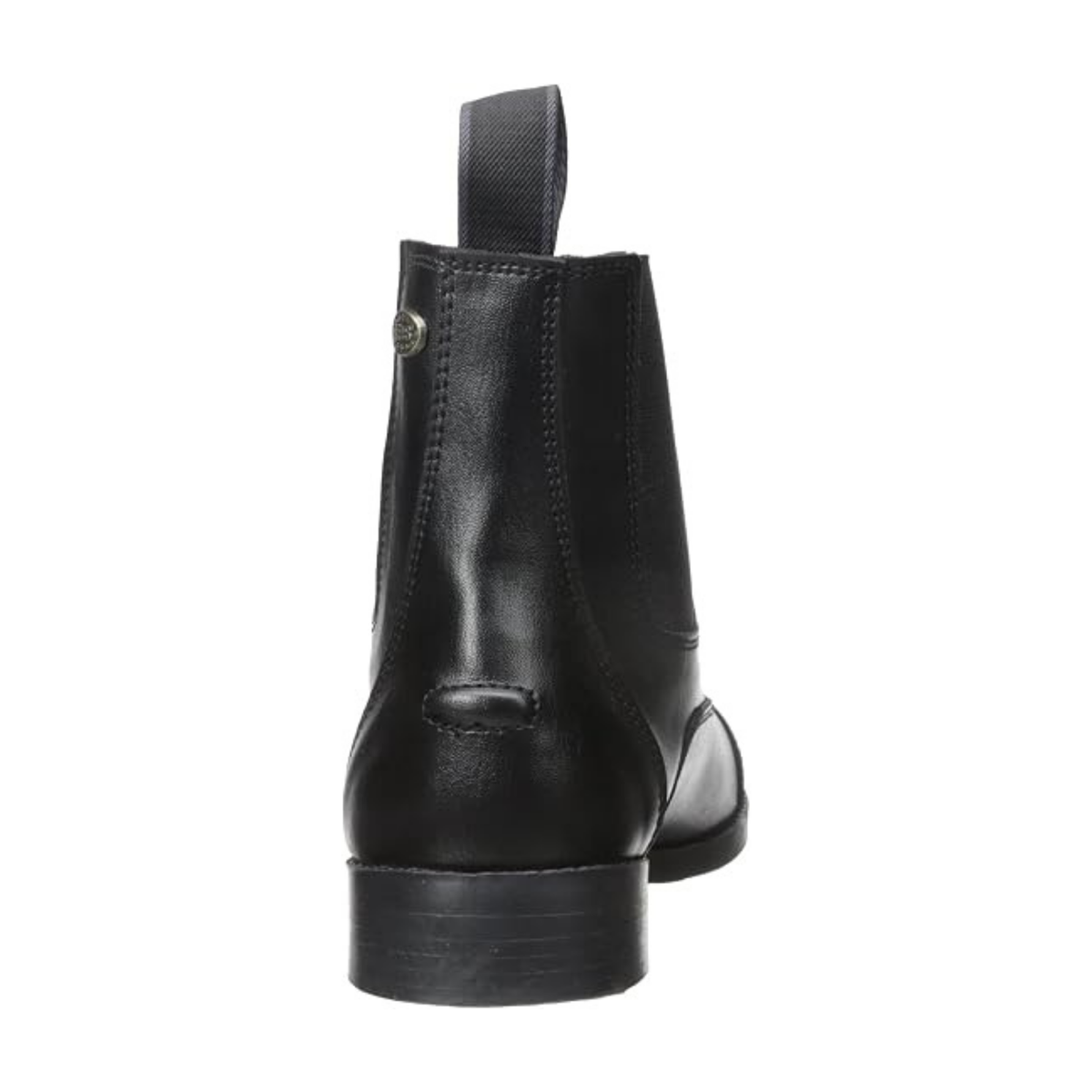 EquiStar ladies all-weather zip paddock boot in black showing back heel pull tab, side elastic gore, and durable outsole.