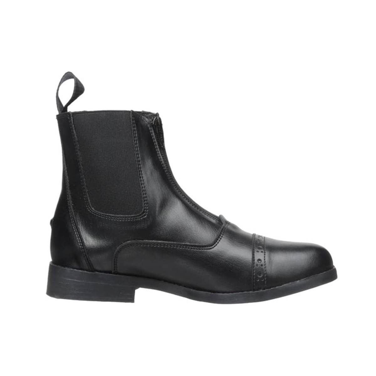 EquiStar ladies all-weather zip paddock boot in black showing classic punched toe cap, elastic side gore, and durable synthetic leather construction.