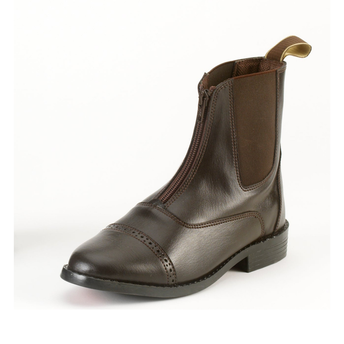 EquiStar ladies all-weather zip paddock boot in brown showcasing front zipper, side gores, and equestrian riding boot design.