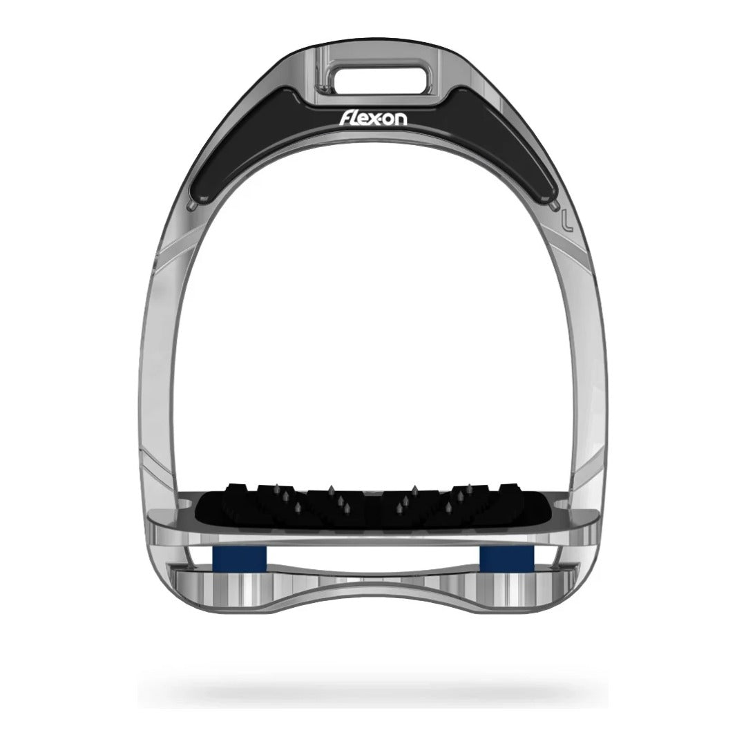 Flex-On Aluminium Stirrup - chrome frame with navy inserts, gray inclined ultra grip footbed