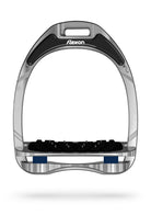 Flex-On Aluminium Stirrup - chrome frame, aluminium grey inclined ultra grip footbed, navy shock absorbers