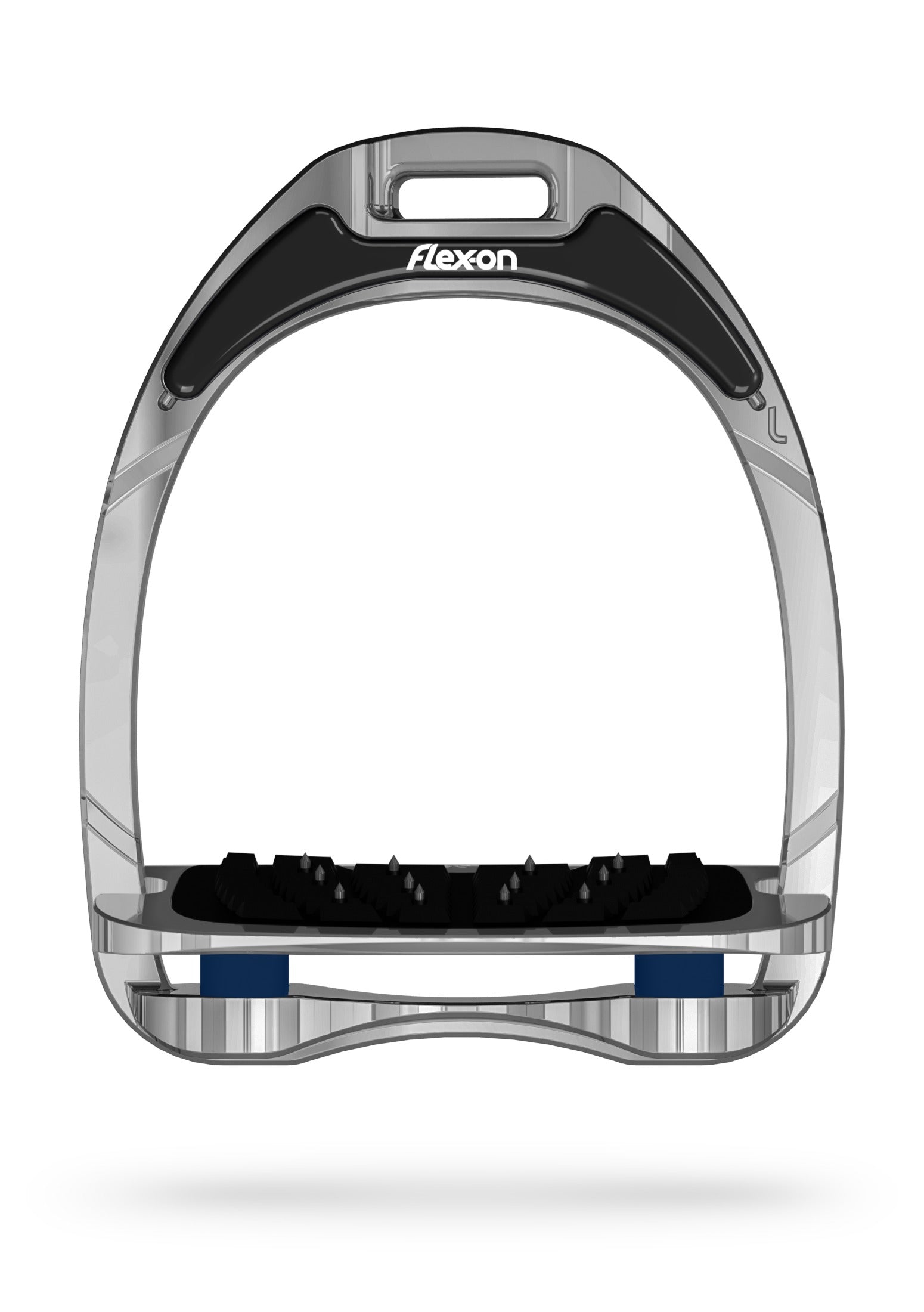 Flex-On Aluminium Stirrup - chrome frame, aluminium grey inclined ultra grip footbed, navy shock absorbers