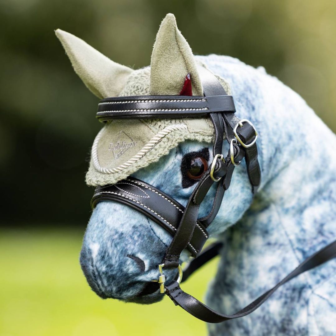 LeMieux Toy Pony Crochet Fly Bonnet - Fern, shown on 'Sam' with black bridle | Malvern Saddlery