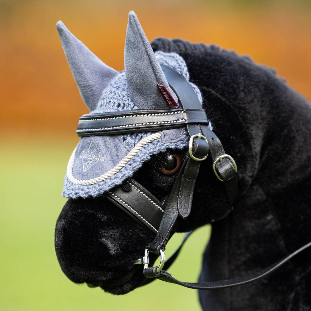 LeMieux Toy Pony Crochet Fly Bonnet - Jay Blue, shown on 'Skye' with black bridle | Malvern Saddlery