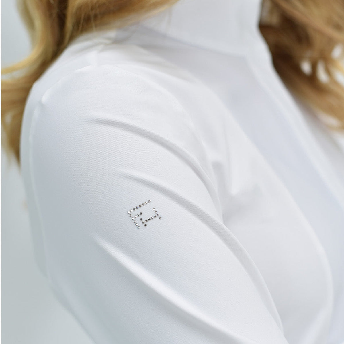 For Horses Aliyah Women's Long Sleeve Show Shirt in White sleeve logo detail