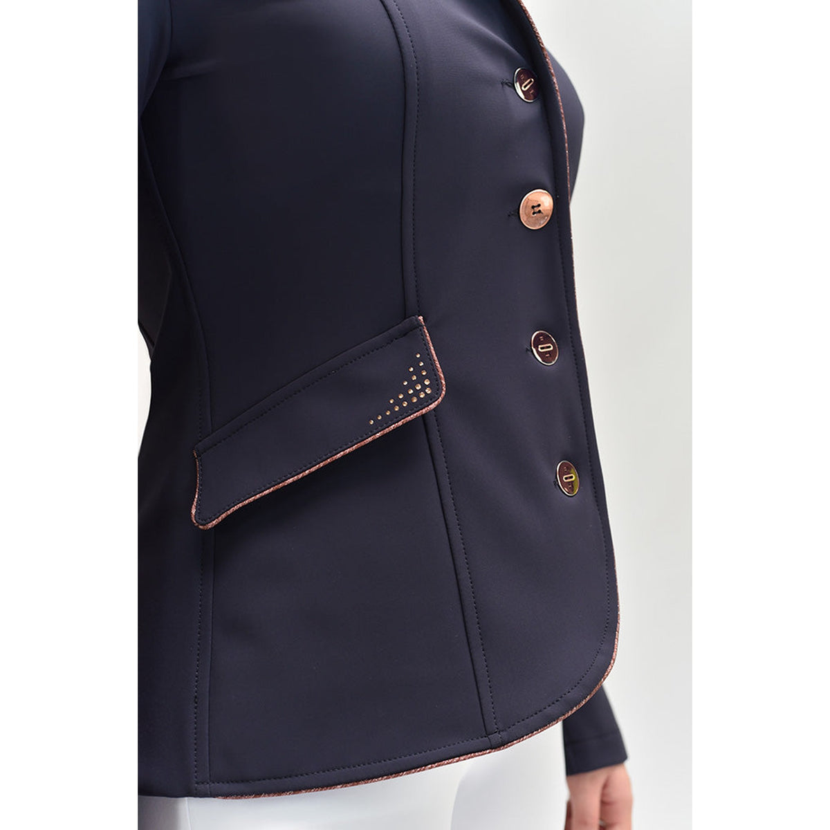 For Horses Cristina Lux Women's Show Jacket crystal pocket detail, shown in Navy