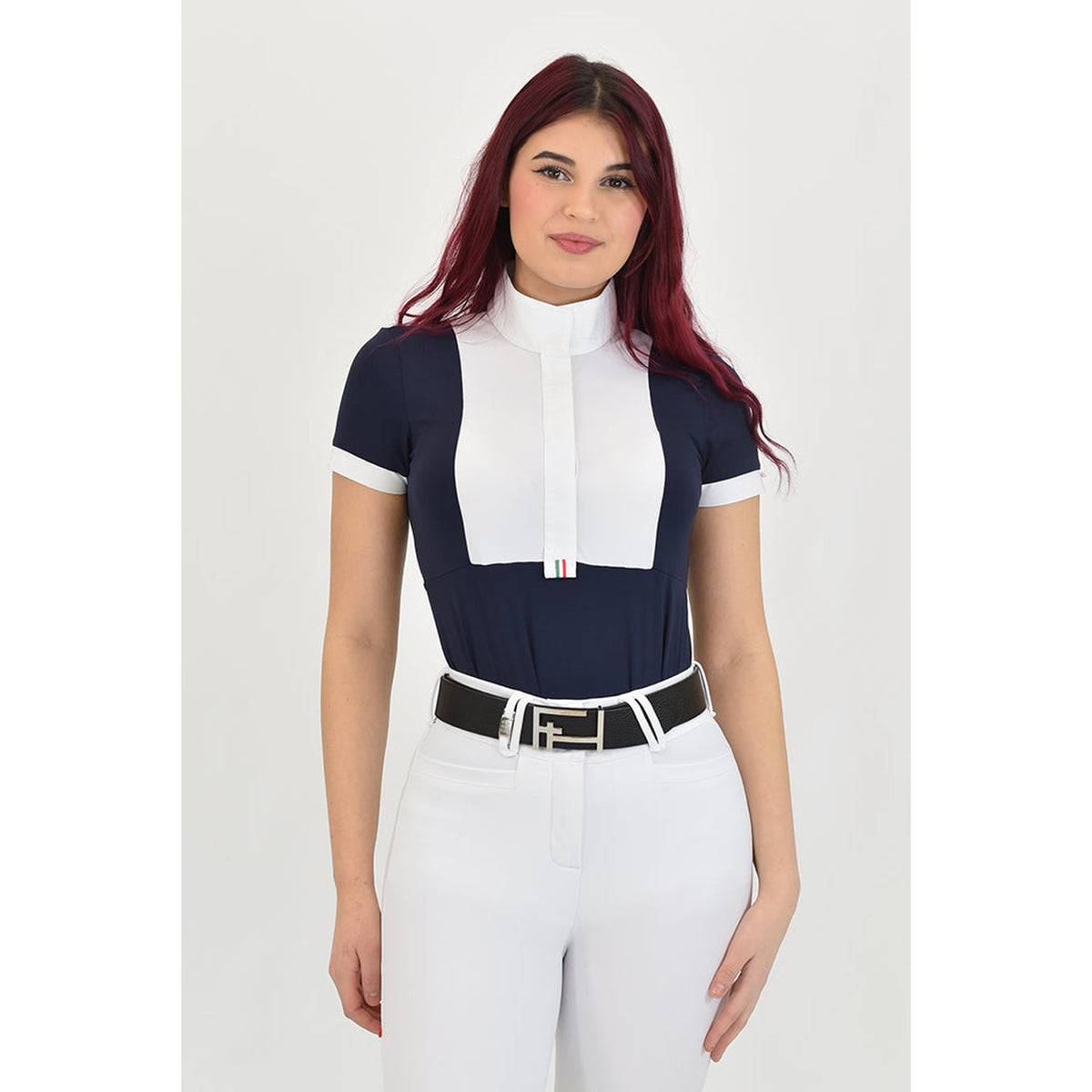 For Horses Daphne Women's Short Sleeve Show Shirt in Navy front view close up