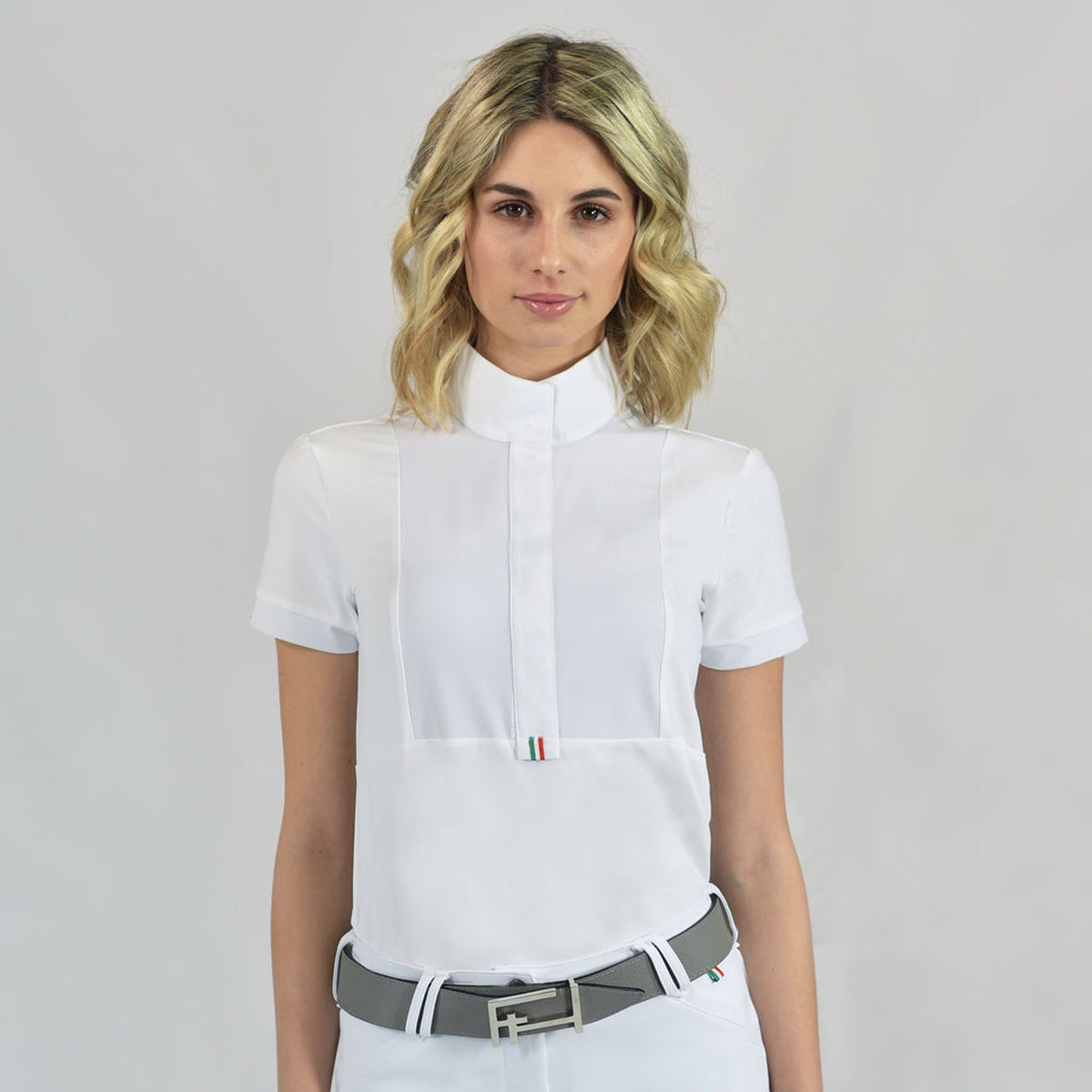 For Horses Daphne Women's Short Sleeve Show Shirt in White front view close up