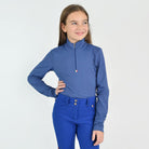 For Horses Gioco Kids Long Sleeve Schooling Shirt in Blue close front view