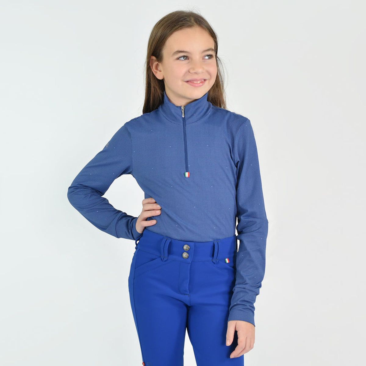 For Horses Gioco Kids Long Sleeve Schooling Shirt in Blue close front view